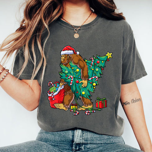 Bigfoot Christmas Tree Lights T-Shirt Funny Xmas Sasquatch Shirt for Boys and Men - 2