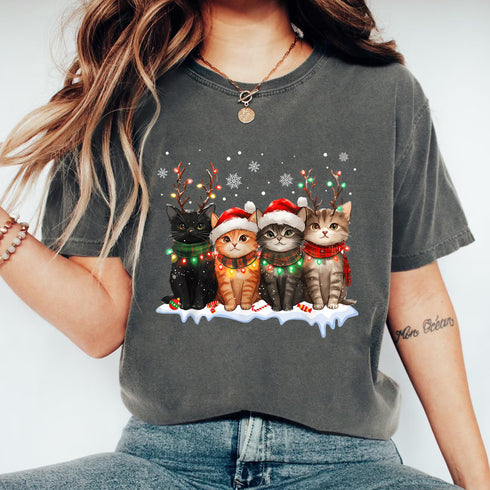Cat Christmas T-Shirt with Santa Reindeer Lights Fun Holiday Shirt for Cat Lovers - 48