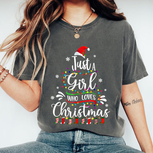 Merry Christmas Just a Girl Who Loves Christmas Tree Graphic Holiday T-Shirt for Women - 7