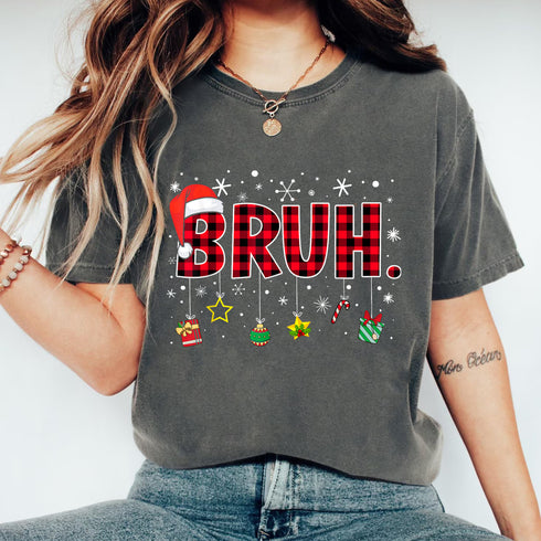 Bruh Funny Christmas Red Plaid Teen Boys Xmas Pajamas Shirt Holiday Sleepwear Top - 5
