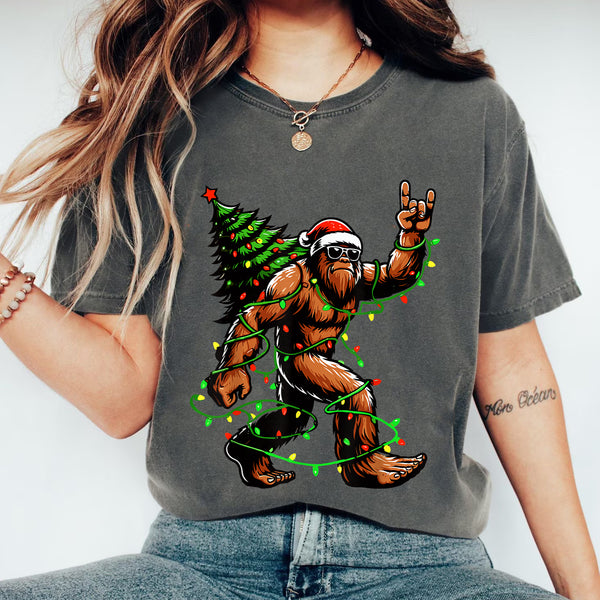 Santa Bigfoot Christmas Tree T-Shirt Funny Sasquatch Holiday Xmas Lights Graphic Tee - 2