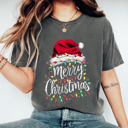 Merry Christmas Santa Hat Lights T-Shirt Red Holiday Xmas Outfit for Men and Women - 8