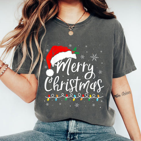 Merry Christmas Lights Santa Hat Family Matching Pajama T-Shirt Holiday Sleepwear Top - 8