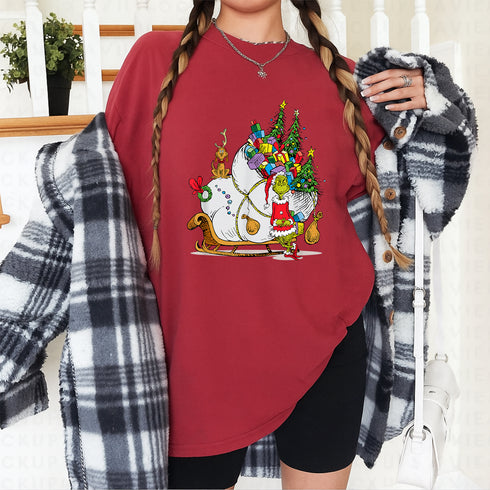 Grinch Sleigh Graphic T-Shirt Classic Holiday Christmas Tee with Iconic Grinch Design - 2