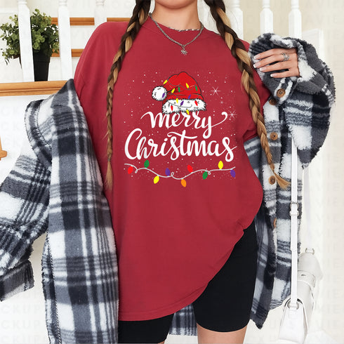 Merry Christmas Lights Red Santa Hat T-Shirt Holiday Gift for Family Men and Women - 8