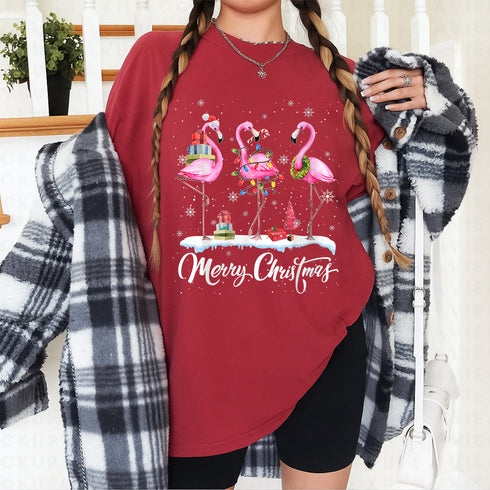 Merry Christmas Santa Flamingo Hat T-Shirt Holiday Snowy Xmas Party Graphic Tee - 48