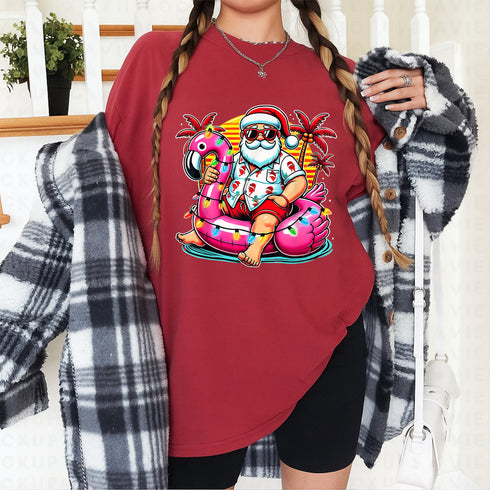 Christmas in July Santa Flamingo Float T-Shirt Festive Summer Beach Party Holiday Tee - 2