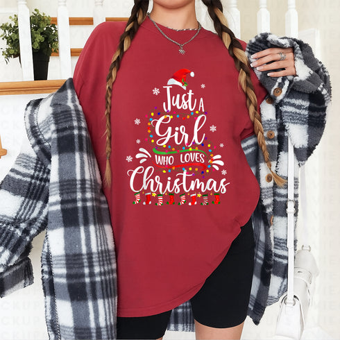 Merry Christmas Just a Girl Who Loves Christmas Tree Graphic Holiday T-Shirt for Women - 3