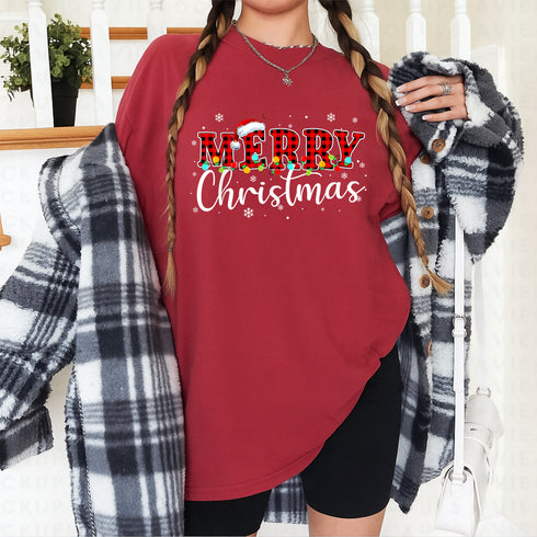 Merry Christmas Buffalo Plaid Red Santa Family Matching Xmas Pajamas T-Shirt - 48