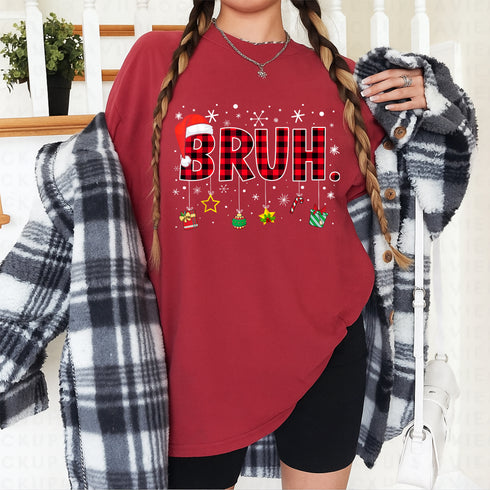 Bruh Funny Christmas Red Plaid Teen Boys Xmas Pajamas Shirt Holiday Sleepwear Top - 2
