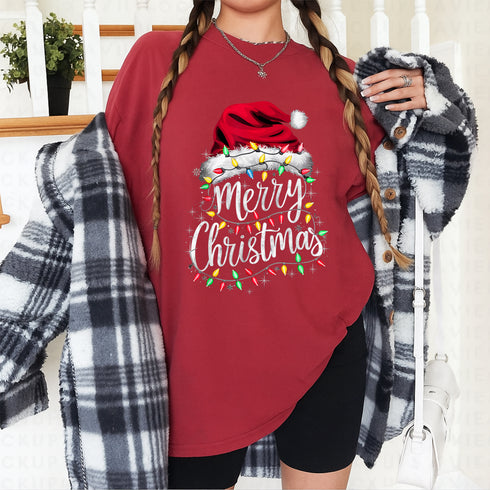 Merry Christmas Santa Hat Lights T-Shirt Red Holiday Xmas Outfit for Men and Women - 5