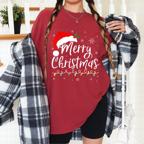 Merry Christmas Lights Santa Hat Family Matching Pajama T-Shirt Holiday Sleepwear Top - 2